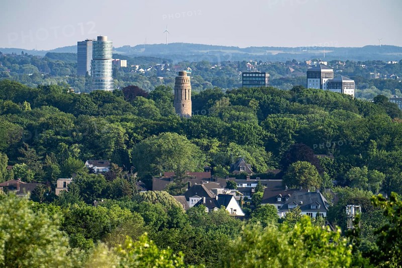 View over the city centre of Bochum, to the south, Exzenterhaus and Bismarck Tower in the municipal park, North Rhine-Westphalia, Germany, Europe