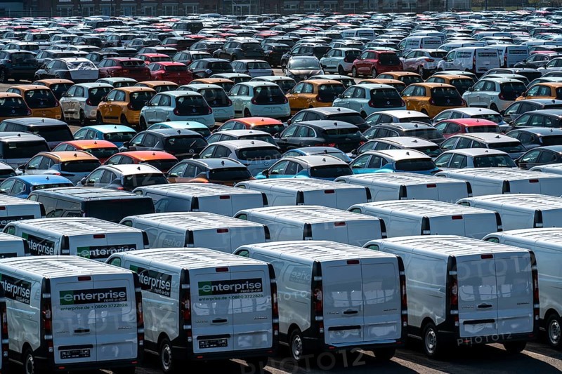 Car terminal in the inland port Logport I, in Duisburg on the Rhine, vehicle handling of new cars, vans for the car hire company Enterprise Rent a car, storage area, North Rhine-Westphalia, Germany, Europe