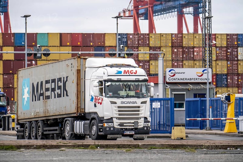 Entry and exit for container lorries, to the MSC container terminal in the seaport of Bremerhaven, Eurogate Container Terminal with almost 50 container gantry cranes, over a length of more than 4 km at the mouth of the Weser, Bremerhaven, Bremen, Germany, Europe