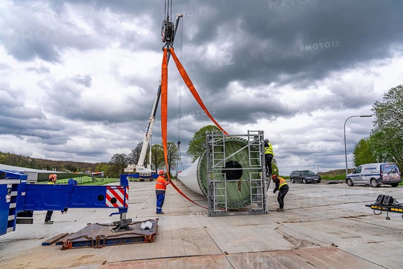 Preparation for the transport of a 68 metre long blade, a wind turbine, with a self-propelled Blade-Lifter vehicle, over a 40 km long route in the Bergisches Land, through towns, villages, over country roads, narrow through roads, to the construction site of the wind turbine near Hagen, North Rhine-Westphalia, Germany, Europe
