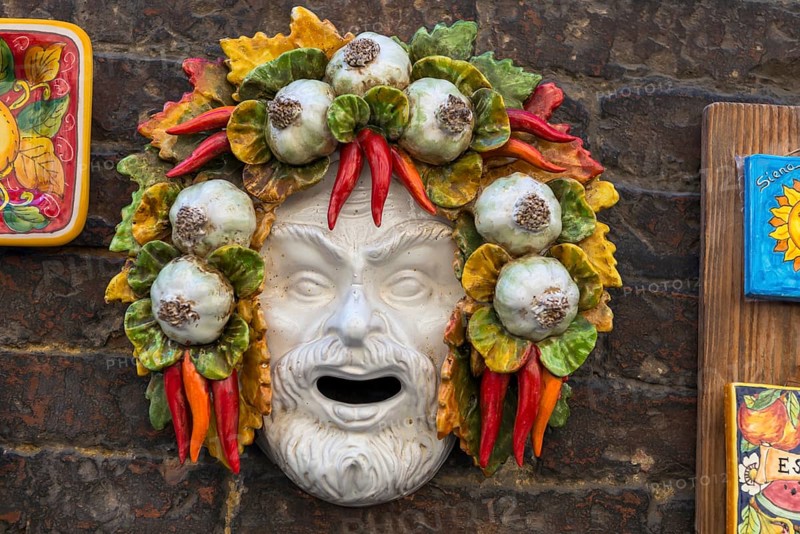 Colourful porcelain head, sculpture, representation, prosperity, food, nutrition, symbol, souvenir, Tuscany, Italy, Europe