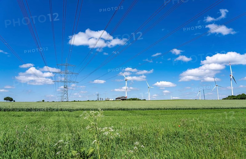 Wind farm near Brilon-Radlinghausen, high-voltage power lines, Sauerland, North Rhine-Westphalia, Germany, Europe