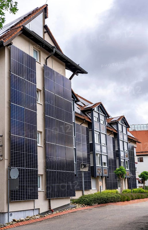 Solar façade, photovoltaic elements on a building façade, hotel in Herrenberg, large PV modules generate electricity on the outer walls of the building, Herrenberg, Baden-Württemberg, Germany, Europe