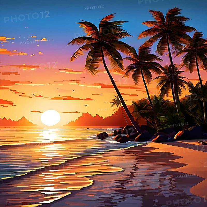 Pixel art illustration of a tropical island paradise with palm trees and sandy beach, AI generated