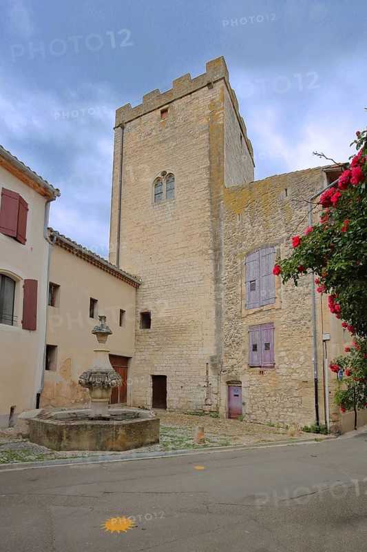 Tour Ferrande with Fontaine du Gigot, historic town defence tower and fountain, defence tower, Pernes-les-Fontaines, Vaucluse, Provence, France, Europe