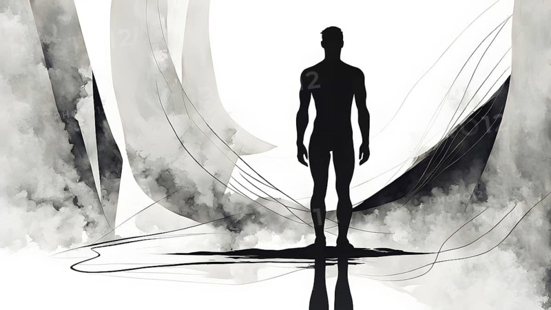 Minimalist rendering showcasing a lone man as symbol for human resilience, AI generated