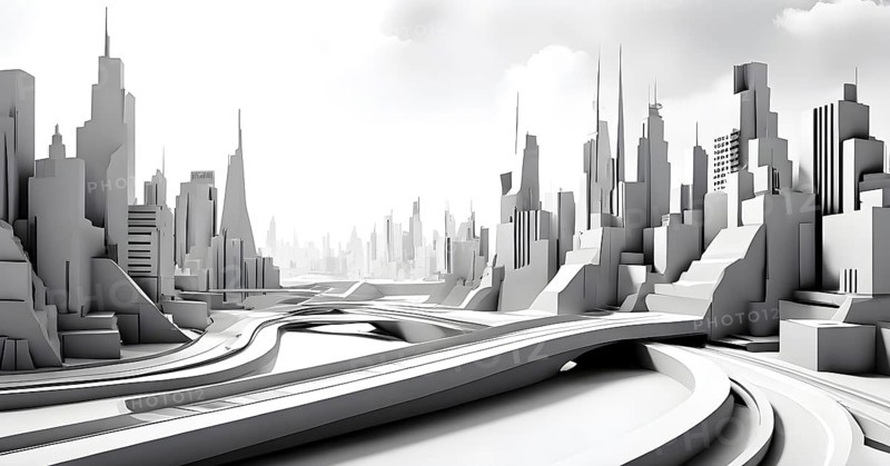 Modern city skyline using clean lines and geometric forms, with rectangular buildings and smooth, curved roads in a monochromatic color palette of grey, black, and white, AI generated
