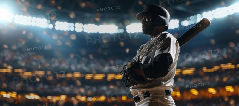 Black star athlete pitcher standing with the bat in the middle of the full stadium, AI generated