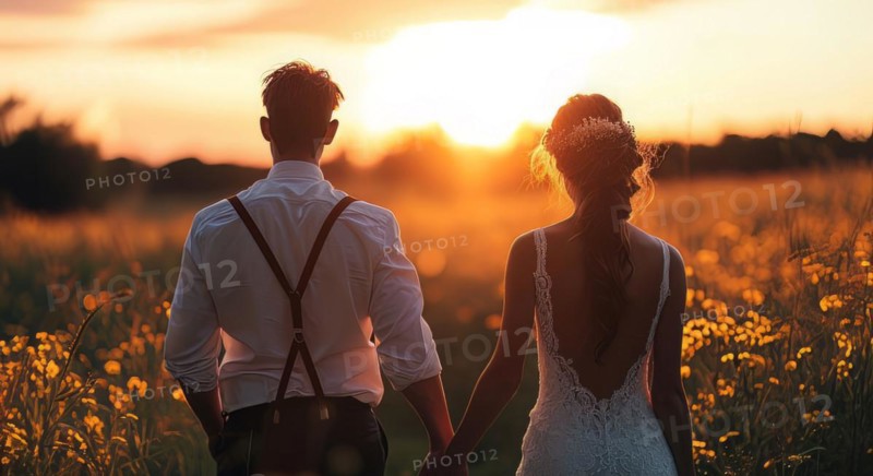 Affectionate romantic couple hugging at sunset during honeymoon in wedding dress, AI generated