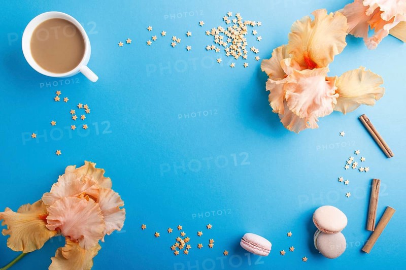 Orange iris flowers and a cup of coffee on a blue pastel background. Morninig, spring, fashion composition. Flat lay, top view, copy space