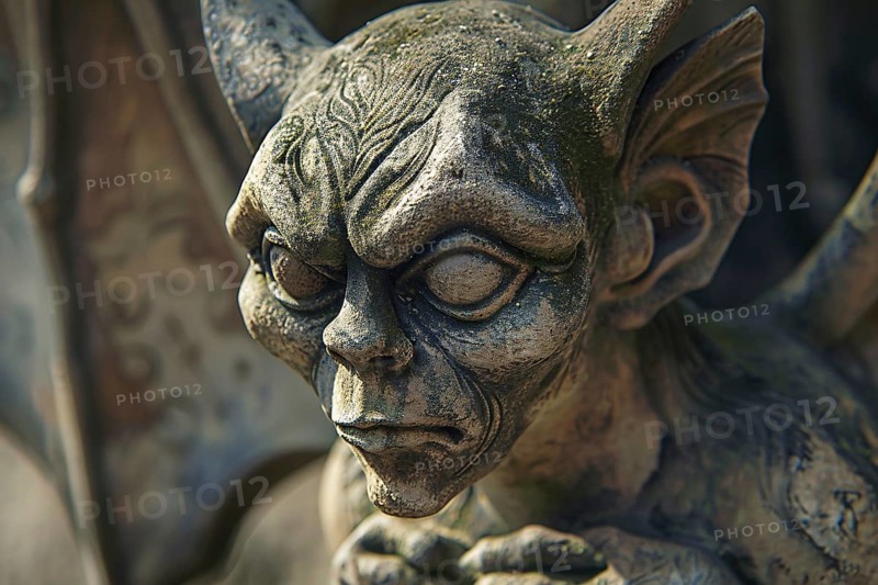 Scary face of stone gargoyle sculpture. Generative AI, AI generated