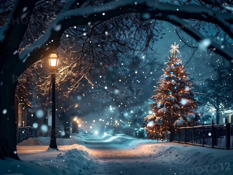 Christmas Eve with snowflakes fall under the light of a streetlamp with a decorated tree in the background, AI generated