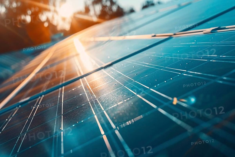 Close up of solar energy panels win sunset sun in background. Generative Ai, AI generated