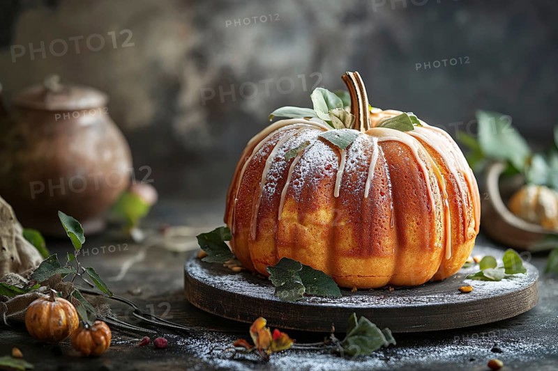 Pumpkin shaped bunt cake with autumn leaves and pumpkins. Generative AI, AI generated