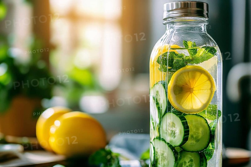 Bottle with healthy cucumber and lemon slices and mint detox drink. Generative Ai, AI generated