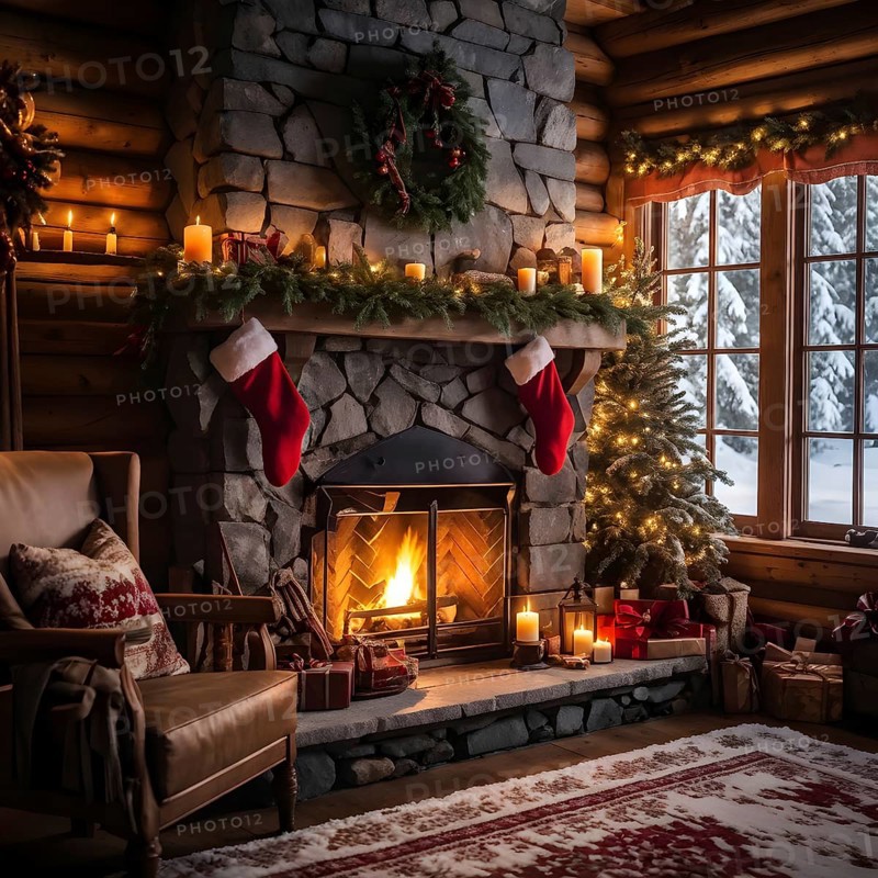 Traditional stone fireplace decorated for Christmas, with garlands, stockings, and candles, set in a cozy, snow-draped winter cabin, AI generated