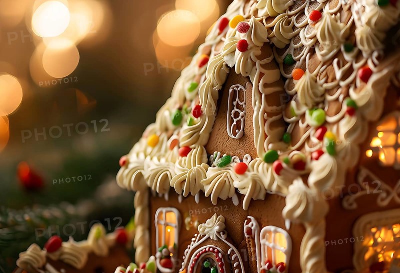 Gingerbread house decorations, focusing on the intricate icing details, colorful candy, and soft, warm light creating a cozy festive ambiance, AI generated