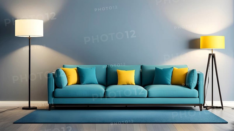 3d rendering of a couch with cushions and a floor lamp, AI generated