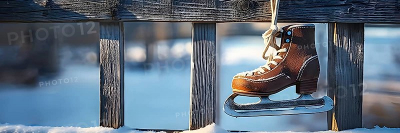 Pair of vintage ice skates hanging by their laces on an old wooden fence with frost and snow gently settled on the blades, AI generated