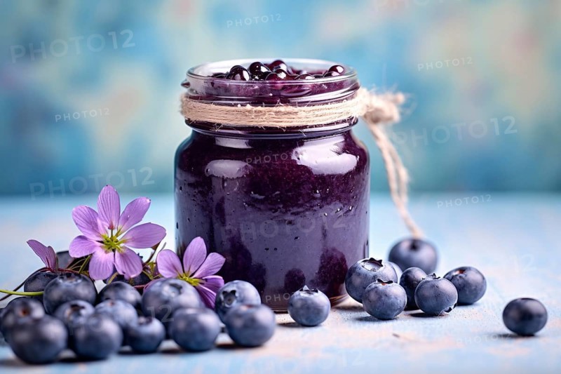 Jar with blueberry jam. KI generiert, generiert AI generated