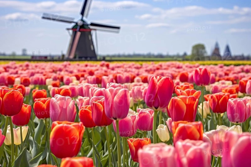 Field of bright red and pink tulip spring flowers with dutch windmill. KI generiert, generiert AI generated