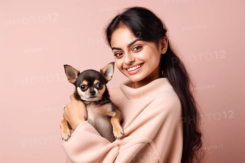Young happy woman holdings mall tan chichuahua dog on pink background. KI generiert, generiert AI generated
