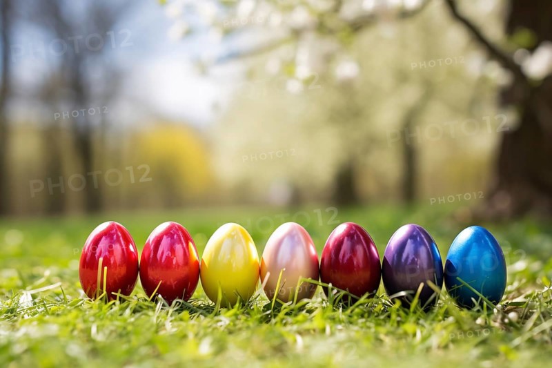 Colorful shiny easter eggs in a row in grass. KI generiert, generiert AI generated