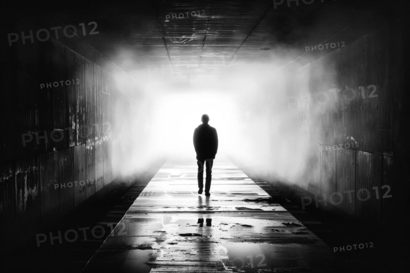 Silhouette of a man standing in a tunnel, light at the end of the tunnel, symbolic image for near-death experience, death, psychology, threat, danger, fear, parapsychology, trauma, AI generated, AI generated, AI generated