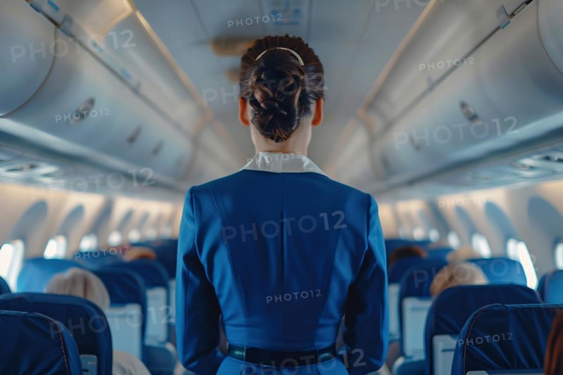 Back view of stewardess in blue uniform in airplane. KI generiert, generiert, AI generated