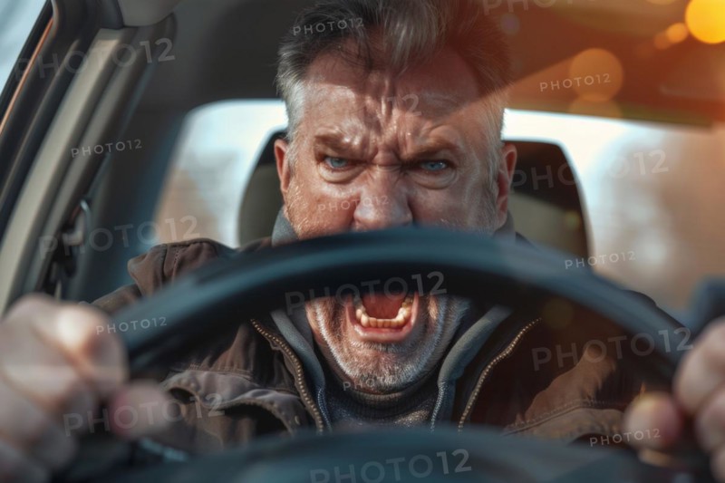 Angry, unnerved, aggressive, screaming man sitting behind the wheel, symbolic image for aggressive behaviour in road traffic, AI generated, AI generated, AI generated