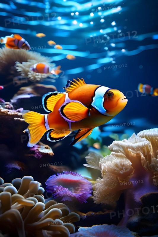 Clownfish darting among the tentacles of their host anemones in a saltwater reef tank, AI generated