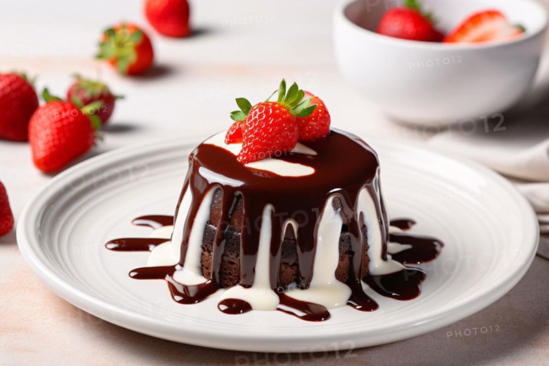Chocolate pudding white vanilla and cocolate sauce and strawberry. KI generiert, generiert, AI generated