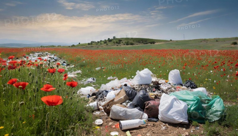 Symbolism, rubbish in the landscape, poppy field, AI-generated, AI-generated, AI generated
