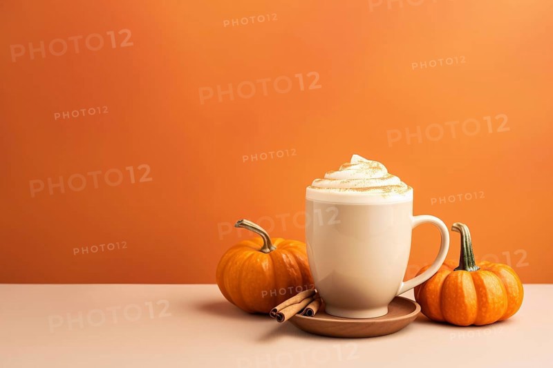 Pug with pumpkin spice latte, cinnamon rools and small pumpkins on orange background with copy space. KI generiert, generiert AI generated