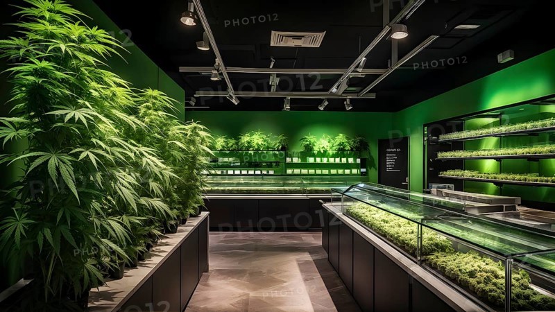 Cannabis dispensary interior with varieties of cannabis plants densely packed, AI generated