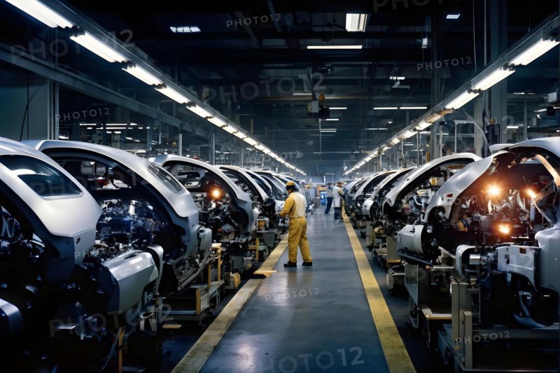 AI generated automotive assembly line in car manufacturing progression with automated machines