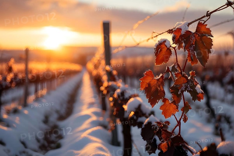 AI generated close up of winter in the vineyard with snow blankets dormant vines and ambient light