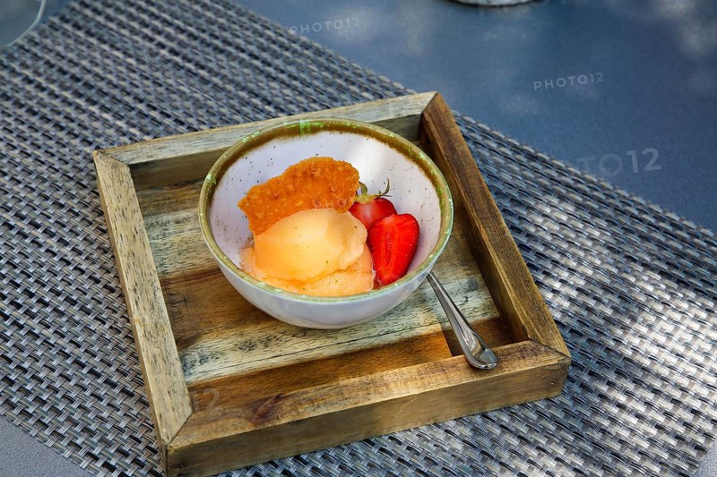 Melon sorbet, ice cream with strawberries, dessert, dessert served, dessert bowl, wooden tray, Hotel Restaurant Schwanen, restaurant, food, Köngen, district Esslingen, Baden-Württemberg, Germany, Europe