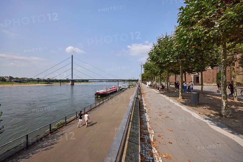 Riverside promenade with Rhine and Rhine knee bridge in Düsseldorf, state capital, independent city, North Rhine-Westphalia, Germany, Europe