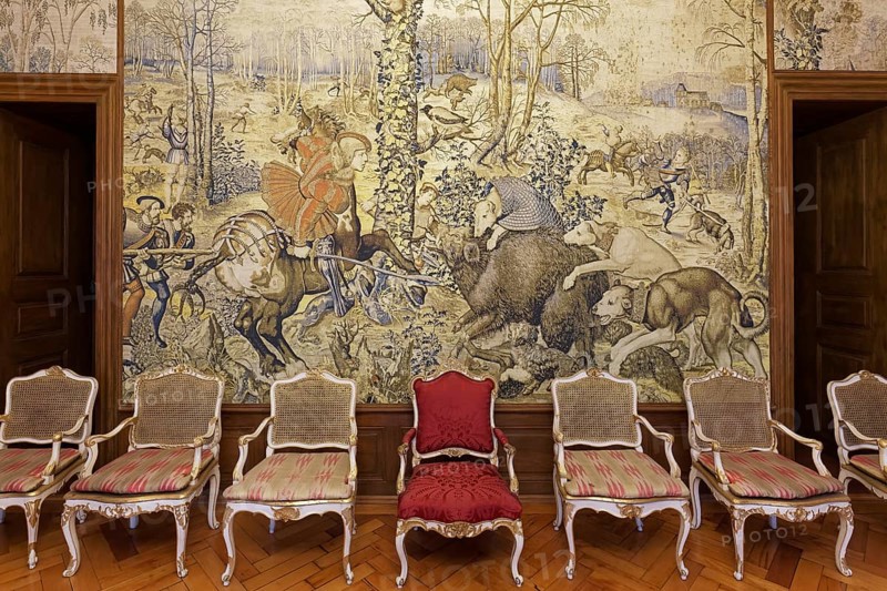 New Meersburg Castle, Audience Room with tapestry of Emperor Maximilian II hunting, Meersburg, Baden-Württemberg, Germany, Europe