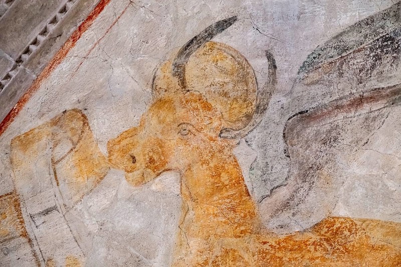 Bull, early Gothic mural painting in the ribbed vault, chancel of the Romanesque St Michael's Church, Michaelsberg, Cleebronn, Baden-Württemberg, Germany, Europe