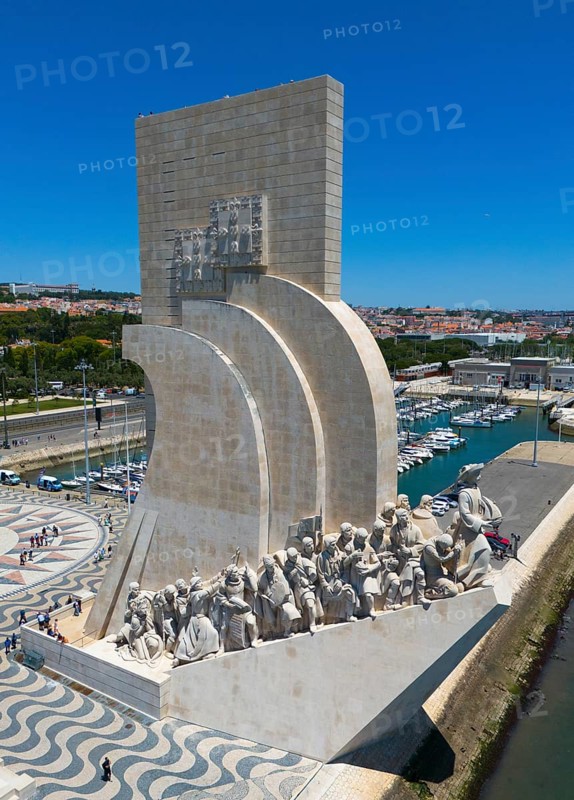 Riverside monument with several statues under a clear sky in an urban environment on a summer day, aerial view, Monument, Padrão dos Descobrimentos, Monument to the Discoveries, Tagus River, Belém neighbourhood, Lisbon, Portugal, Europe
