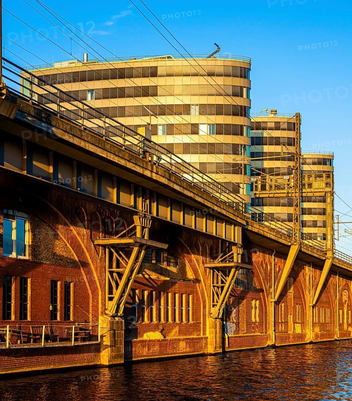 Evening sun, high-rise buildings of the BVG customer centre on Holzmarktstraße, Friedrichshain-Kreuzberg, Berlin, Germany, Europe