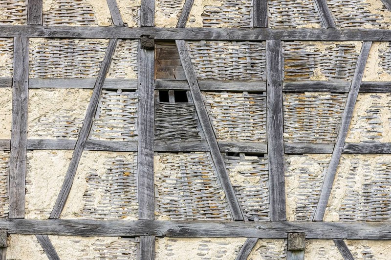 Old historic half-timbered house, gable, façade, in need of renovation, Swabian Alb, Baden-Württemberg, Germany, Europe