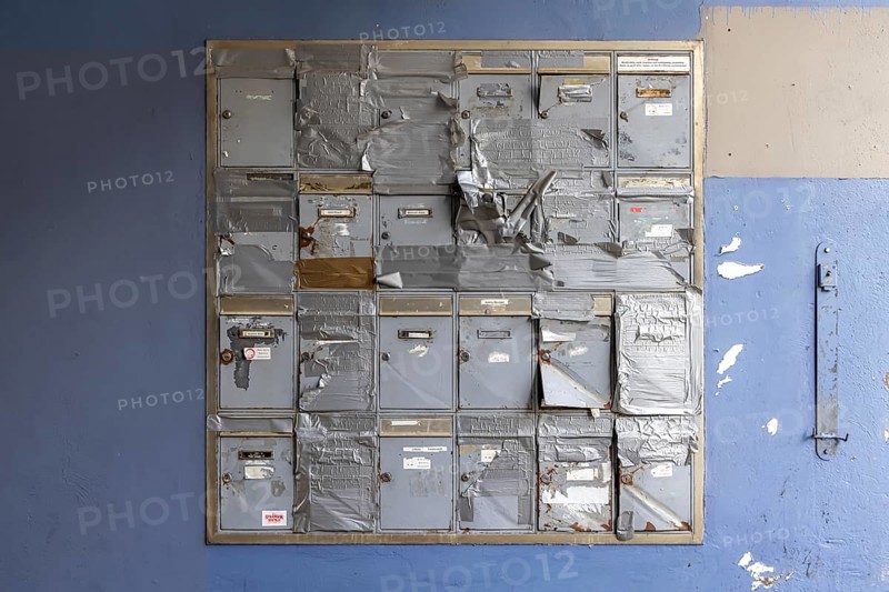 Doorbell sign, broken letterbox system on a dilapidated block of flats in Stuttgart, Baden-Württemberg, Germany, Europe