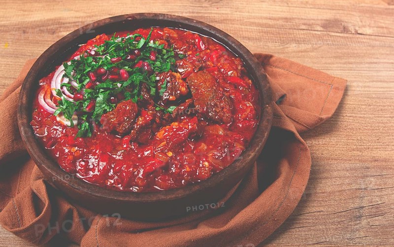 Chashushuli, a traditional Georgian dish, spicy, stewed meat with tomatoes and spices, homemade, no people