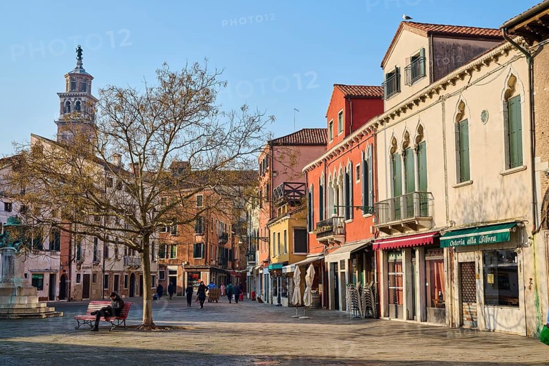 Houses on 'Campo santa margherita' town square in Venice on a sunny day in winter, Italy, Europe