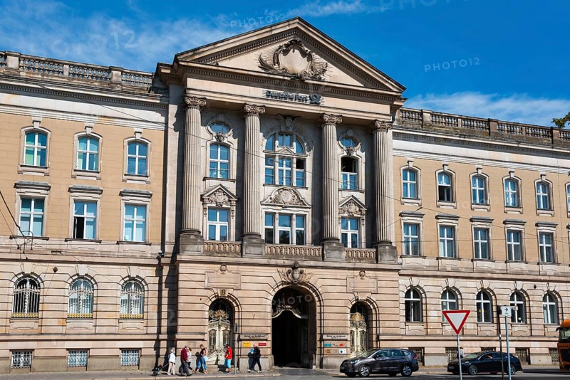 Magnificent entrance to a building with imposing façade and columns, former post office building, Palais am Stadtkanal, Potsdam, Brandenburg, Germany, Europe