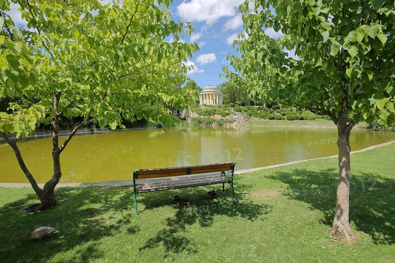 Lake with park bench and Leopoldine Temple in the palace park Spring, Esterházy, Esterhazy, Eisenstadt, Burgenland, Austria, Europe