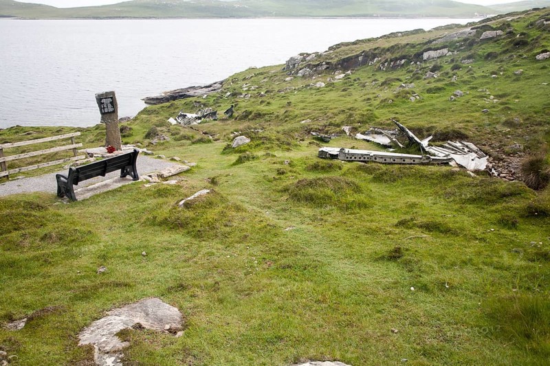 Memorial at the Catalina plane crash site May 1944 on Vatersay island, Barra, Outer Hebrides, Scotland, UK